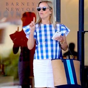 DRAPER JAMES Blue Navi Gingham Cloister Ruffles Top Sz 10